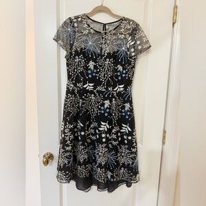 Adrianna Papell Black Dress with White and Blue Embroidery